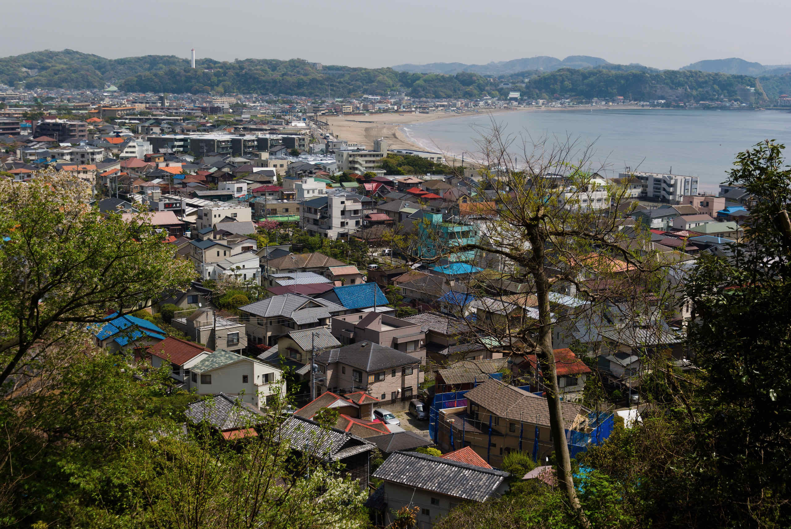 view of yuigahama/zaimokuza beaches and sagami bay and miura peninsula
